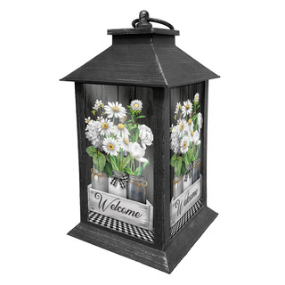 Briarwood Lane crated mason jars lantern with white flowers and welcome sign in black finish.