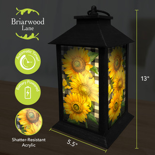 Briarwood Lane black lantern with checkered sunflowers design, shatter-resistant acrylic panels, 13" tall, 5.5" wide.