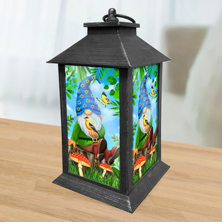 Briarwood Lane Gnome Sweet Gnome Lantern with colorful gnome, mushrooms, and bird design on sides.