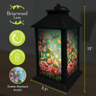 Briarwood Lane Springtime Hummingbirds Lantern, black, 13" tall, shatter-resistant acrylic panels with colorful hummingbird design.