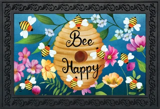 Briarwood Lane Happy Beehive Doormat with colorful flowers and bees on a blue background.