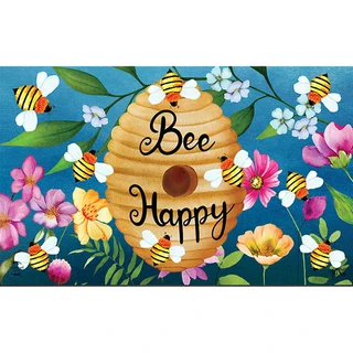 Briarwood Lane Happy Beehive Doormat with colorful flowers and bees on blue background.