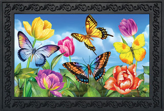 Briarwood Lane Butterflies and Tulips colorful floral doormat with butterflies and flowers design.