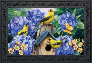 Briarwood Lane Goldfinches and Hydrangea doormat with yellow birds, blue flowers, and wooden birdhouse design.