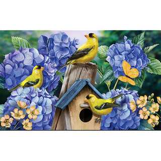 Briarwood Lane Goldfinches and Hydrangea doormat with yellow birds, blue hydrangeas, and butterfly design.