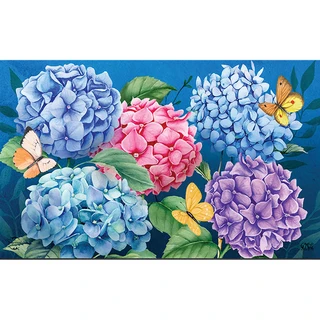 Briarwood Lane Colorful Hydrangeas doormat with blue, pink, purple hydrangeas and butterflies on blue background.