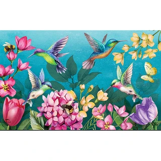 Briarwood Lane Springtime Hummingbirds colorful doormat with floral hummingbird design on blue background.