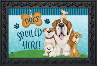 Briarwood Lane Dogs Spoiled Here Doormat with colorful cartoon dogs design and decorative black frame.