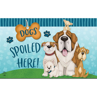 Briarwood Lane Dogs Spoiled Here doormat with colorful illustration of four happy dogs on green grass.