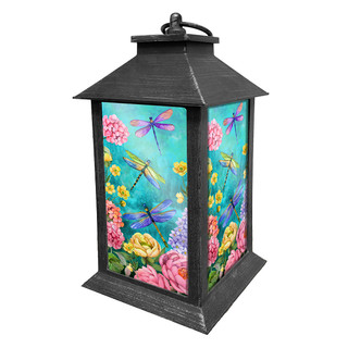 Briarwood Lane Dragonfly Garden Lantern with colorful floral design and dragonflies on a teal background.