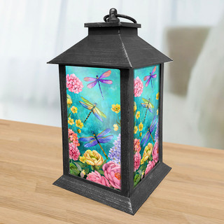 Briarwood Lane Dragonfly Garden Lantern, black metal frame with colorful dragonflies and flowers design.