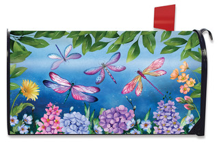 Briarwood Lane Dragonflies Mailbox Cover with colorful flowers and dragonflies on a blue background design.