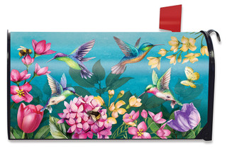 Briarwood Lane Springtime Hummingbirds Mailbox Cover with colorful hummingbirds and flowers design.