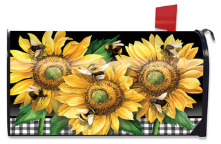 Briarwood Lane Buzzing Sunflowers Mailbox Cover with yellow flowers and bees on black and white background.