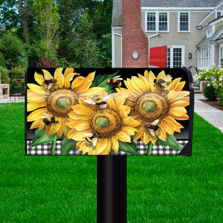 Briarwood Lane Buzzing Sunflowers Mailbox Cover with yellow sunflowers and black and white checkered background.