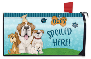 Briarwood Lane Dogs Spoiled Here Mailbox Cover with colorful cartoon dogs on a blue background.