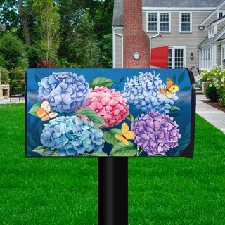 Briarwood Lane oversized mailbox cover with colorful hydrangeas and butterflies in shades of pink, purple, blue.