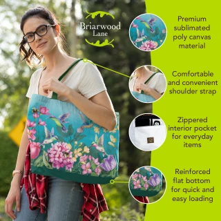 Briarwood Lane Springtime Hummingbirds Tote Bag, vibrant floral print, teal background, colorful hummingbirds, pink flowers.