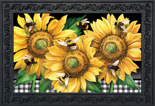 Briarwood Lane Buzzing Sunflowers Doormat with yellow flowers and bumblebees on black and white background.