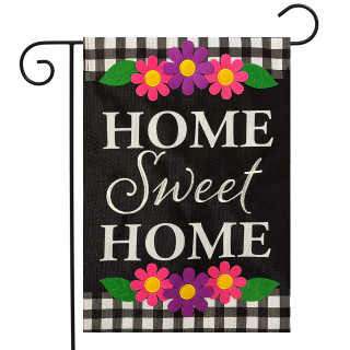 Briarwood Lane Home Sweet Home Flowers Burlap Garden Flag with pink, purple flowers and black accents.