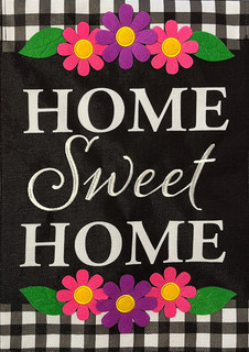 Briarwood Lane Home Sweet Home Flowers Burlap Garden Flag with pink purple flowers and burlap background.