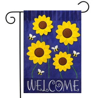 Briarwood Lane Sunflowers and Bees Burlap Garden Flag with welcome text on blue background.