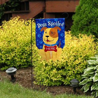 Briarwood Lane Spoiled Pup Burlap Garden Flag with colorful dog design and blue background.
