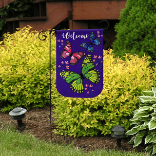 Briarwood Lane Butterfly Trio Burlap Garden Flag with colorful butterflies on purple background and welcome text.