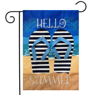 Briarwood Lane Hello Summer flip flops garden flag with beach scene and black and white stripes.