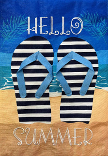 Briarwood Lane Butterfly Hello Summer Flip Flops Burlap Garden Flag with blue straps and black stripes.
