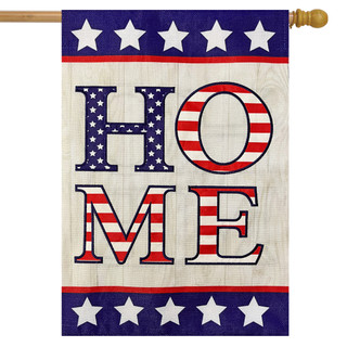 Briarwood Lane American Home Burlap House Flag with patriotic red, white, and blue design and stars.