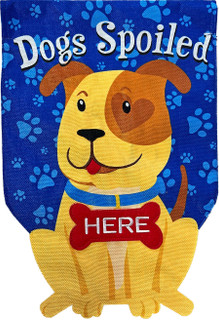 Briarwood Lane Spoiled Pup Burlap House Flag with yellow dog and blue paw print background.