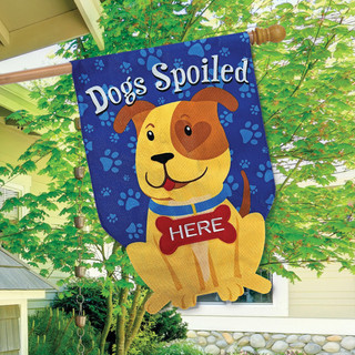 Briarwood Lane Spoiled Pup Burlap House Flag with smiling dog and paw prints on blue background.