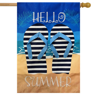 Briarwood Lane Hello Summer Flip Flops Burlap House Flag with black, white, and blue design.