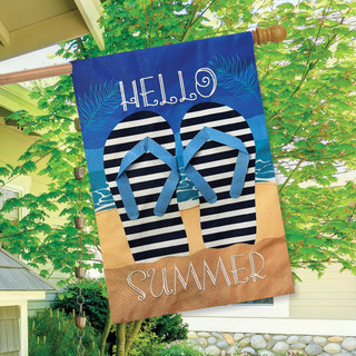 Briarwood Lane Hello Summer Flip Flops Burlap House Flag with blue and black striped design.