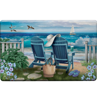 Briarwood Lane Seaside Escape Comfort Mat with serene beach scene and two blue Adirondack chairs.
