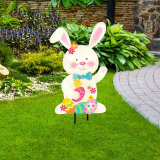 Briarwood Lane Easter Bunny Metal Art, white bunny with pink ears and colorful Easter eggs.