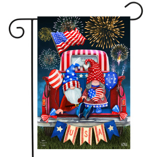 Briarwood Lane Usa Gnomes Garden Flag with patriotic gnomes and American flags on a red truck.