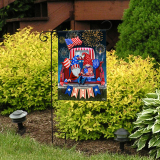 Briarwood Lane Usa Gnomes Garden Flag with patriotic gnomes and American flags design outdoors.
