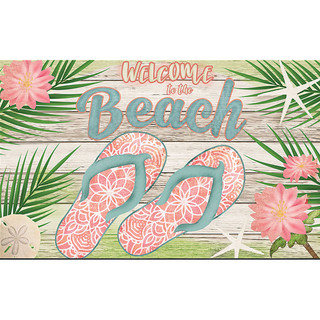 Briarwood Lane Welcome Beach Flip Flops Doormat with pink flowers, starfish, and green palm leaves.