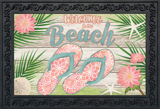 Briarwood Lane Welcome Beach Flip Flops Doormat with pink flowers and turquoise flip flops design.