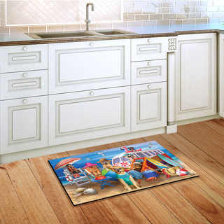 Briarwood Lane Dog Days Beach Doormat on wooden floor in front of kitchen sink area.