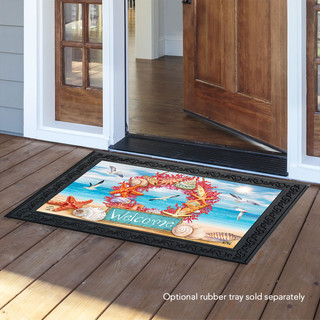 Briarwood Lane Coral Wreath Doormat with beach scene and welcome text on wooden porch floor.