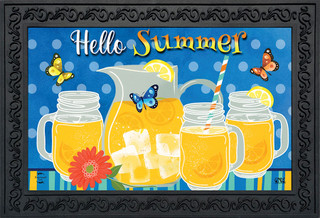 Briarwood Lane Hello Summer Lemonade doormat with colorful pitcher, glasses, and butterflies design.