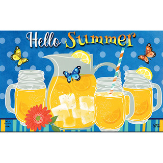 Briarwood Lane Hello Summer Lemonade doormat with colorful mason jars and butterflies on blue background.