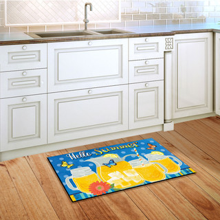 Briarwood Lane Hello Summer Lemonade doormat on wooden floor beside kitchen sink and white cabinets.