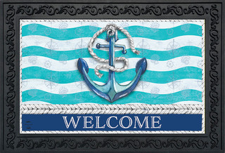 Briarwood Lane Welcome Anchor Doormat with blue anchor and rope on nautical striped background.