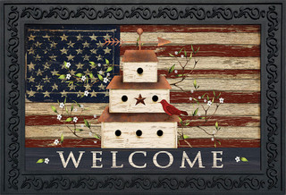 Briarwood Lane Patriotic Birdhouse Doormat with American flag design and welcome message in white text.