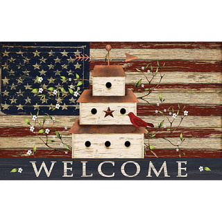 Briarwood Lane Patriotic Birdhouse Doormat with American flag, bird, and welcome sign design.