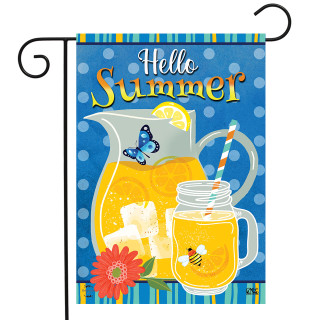 Briarwood Lane Hello Summer Lemonade Garden Flag with colorful pitcher, jar, and floral design.